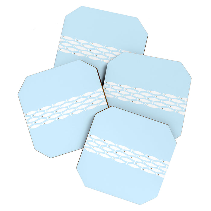 Coastal Minimalist Mid Century Modern Fish in Cool Light Blue White Brown Coaster Gallery Image 1