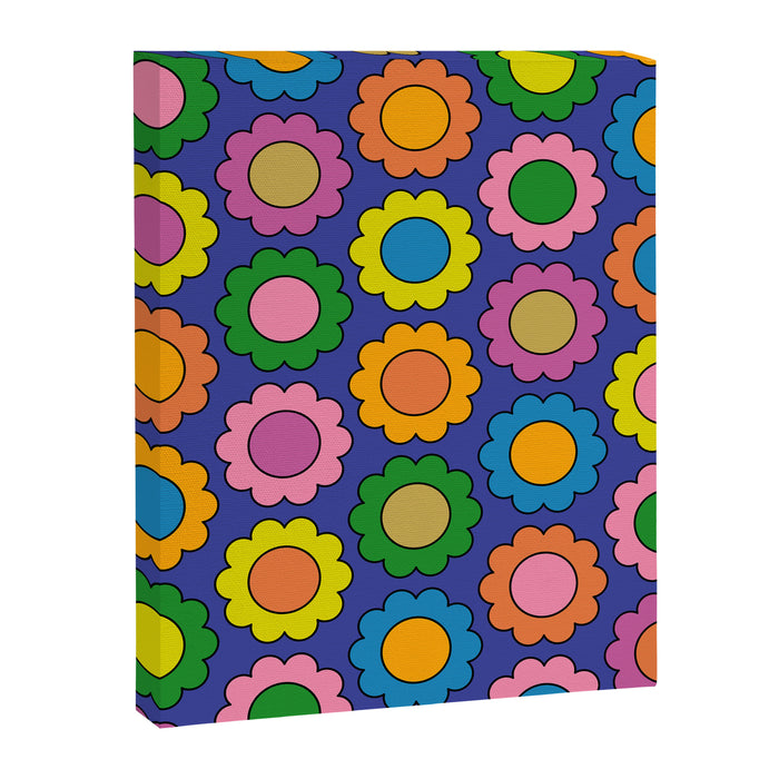Colorful Flowers Cheerful Happy Retro Pattern on Blue Canvas Print Gallery Image 1