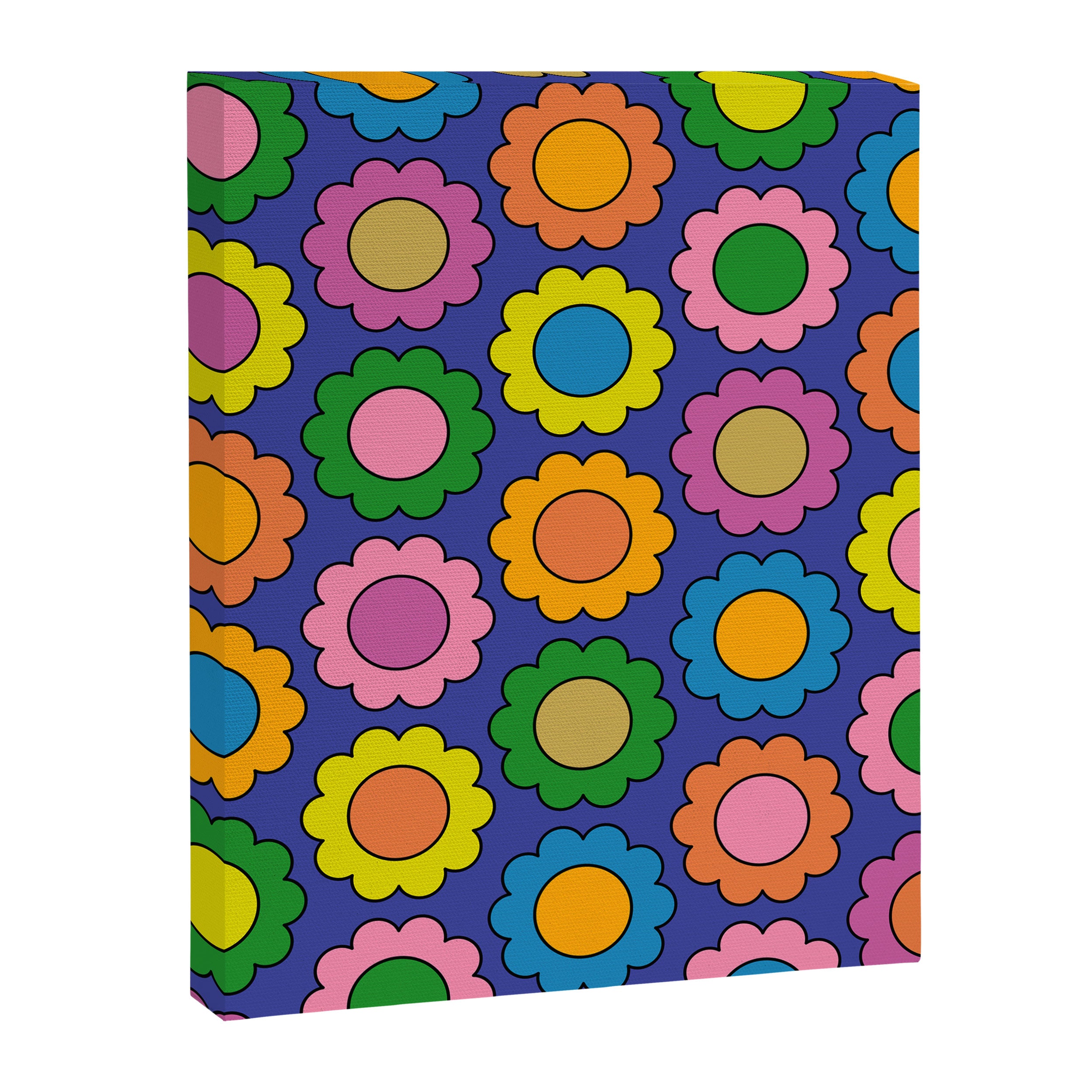 Colorful Flowers Cheerful Happy Retro Pattern on Blue Canvas Print Gallery Image 8