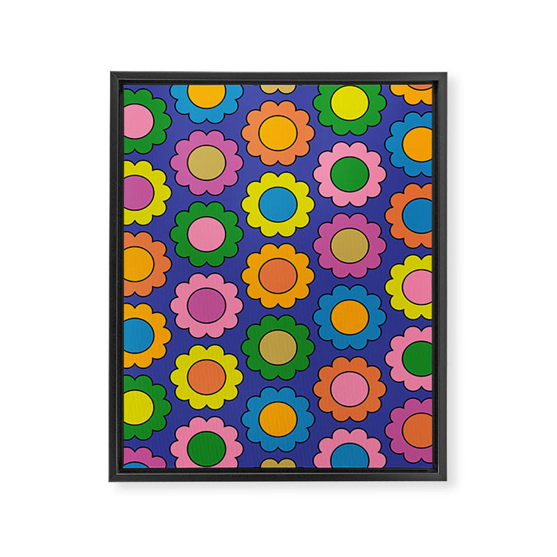 Colorful Flowers Cheerful Happy Retro Pattern on Blue Framed Canvas Print Gallery Image 8