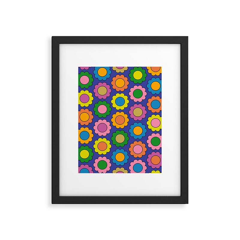 Colorful Flowers Cheerful Happy Retro Pattern on Blue Framed Art Print Gallery Image 6
