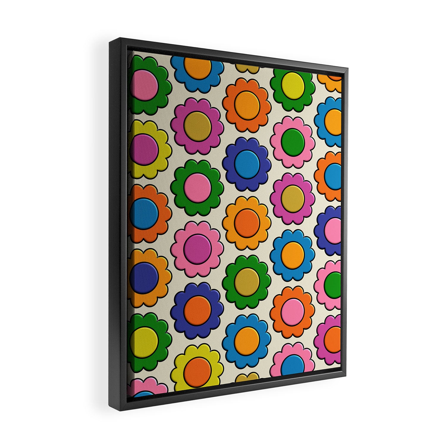 Colorful Flowers Happy Retro Plastic-Look Pattern Framed Canvas Print Gallery Image 2