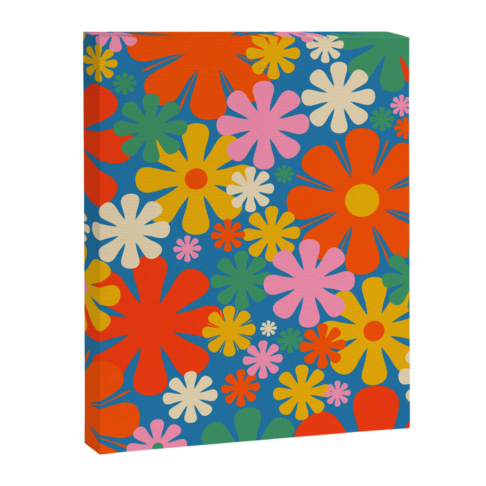 Colorful Flowers Retro 60s Aesthetic Floral Pattern on Blue Canvas Print Gallery Image 1