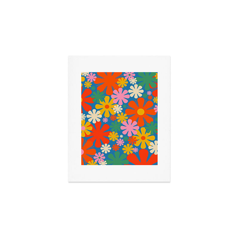 Colorful Flowers Retro 60s Aesthetic Floral Pattern on Blue Art Print Gallery Image 1