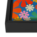 Colorful Flowers Retro 60s Aesthetic Floral Pattern on Blue Framed Canvas Print Gallery Image 3