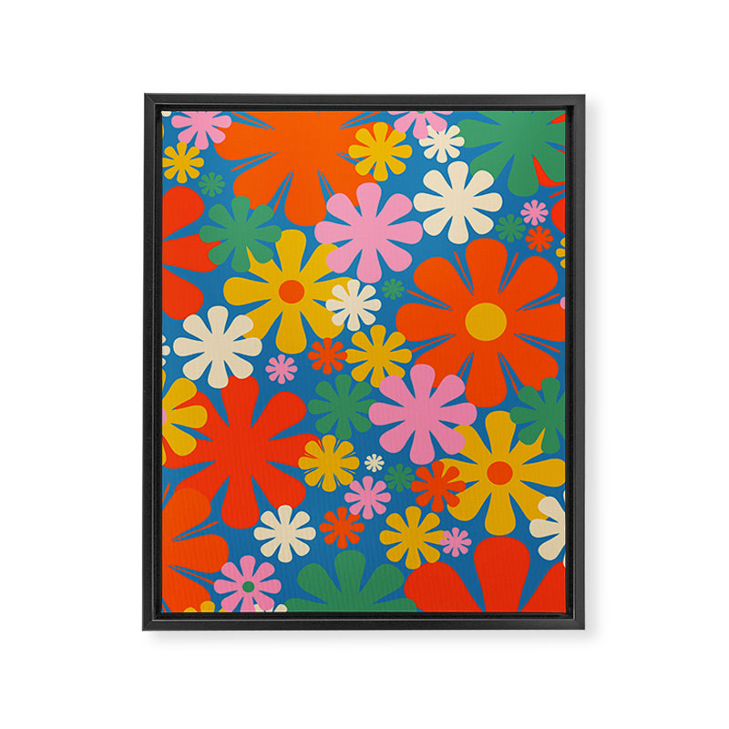 Colorful Flowers Retro 60s Aesthetic Floral Pattern on Blue Framed Canvas Print Gallery Image 8