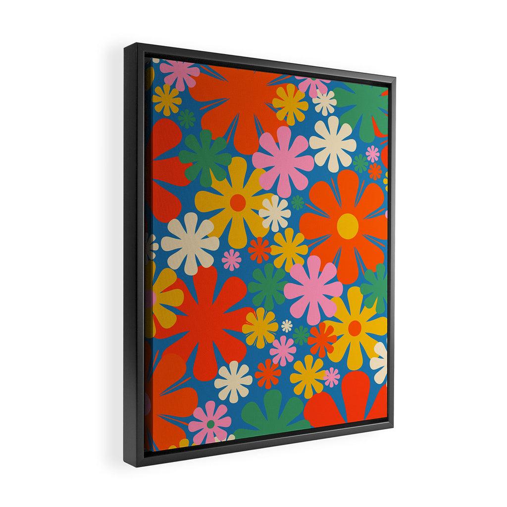Colorful Flowers Retro 60s Aesthetic Floral Pattern on Blue Framed Canvas Print Gallery Image 2