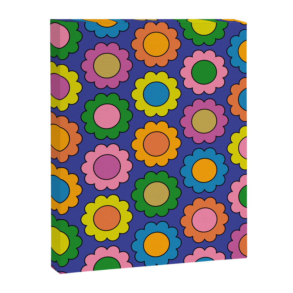 Colorful Happy Flowers Cheerful Retro Pattern on Blue Canvas Print Gallery Image 8