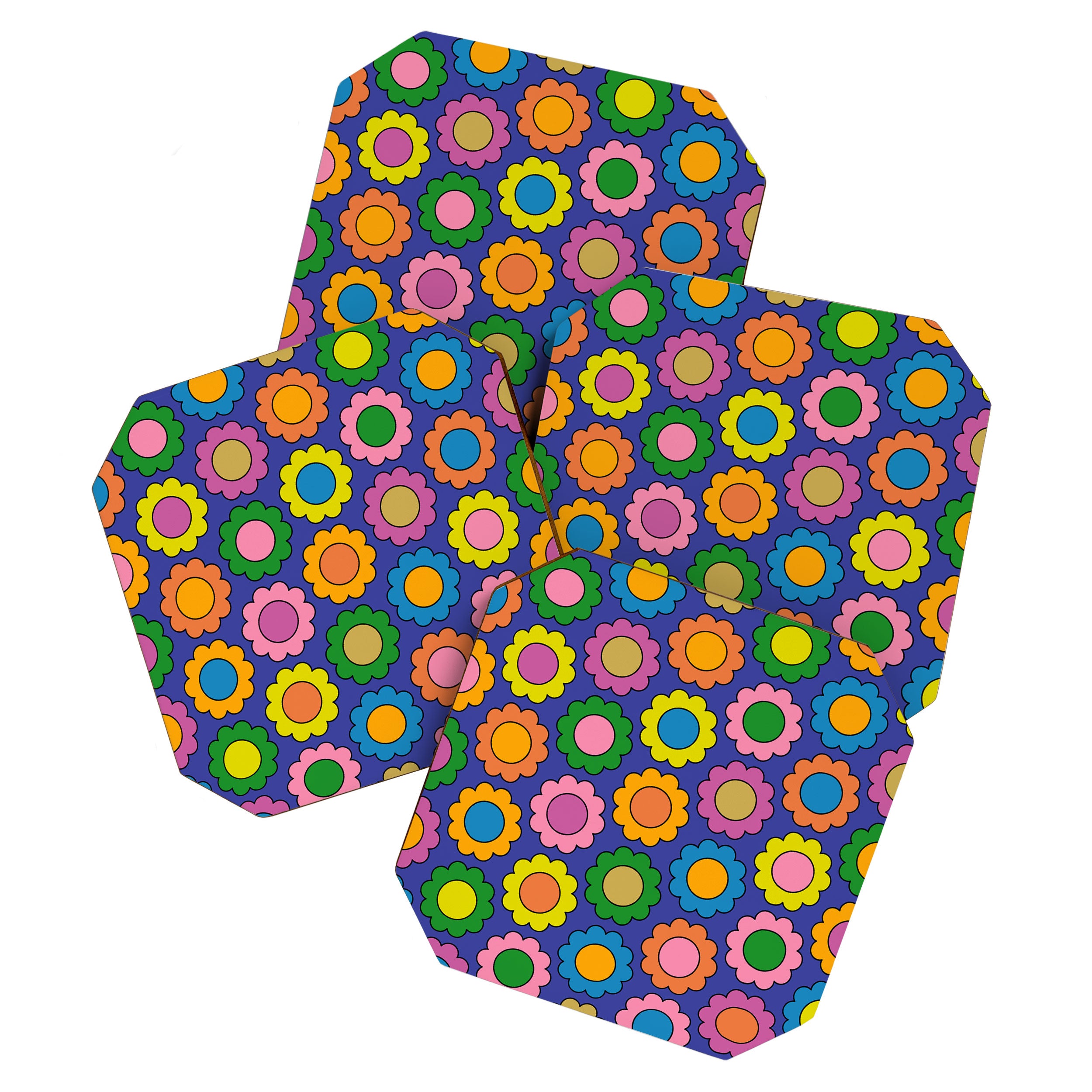 Colorful Happy Flowers Cheerful Retro Pattern on Blue Coaster Gallery Image 1
