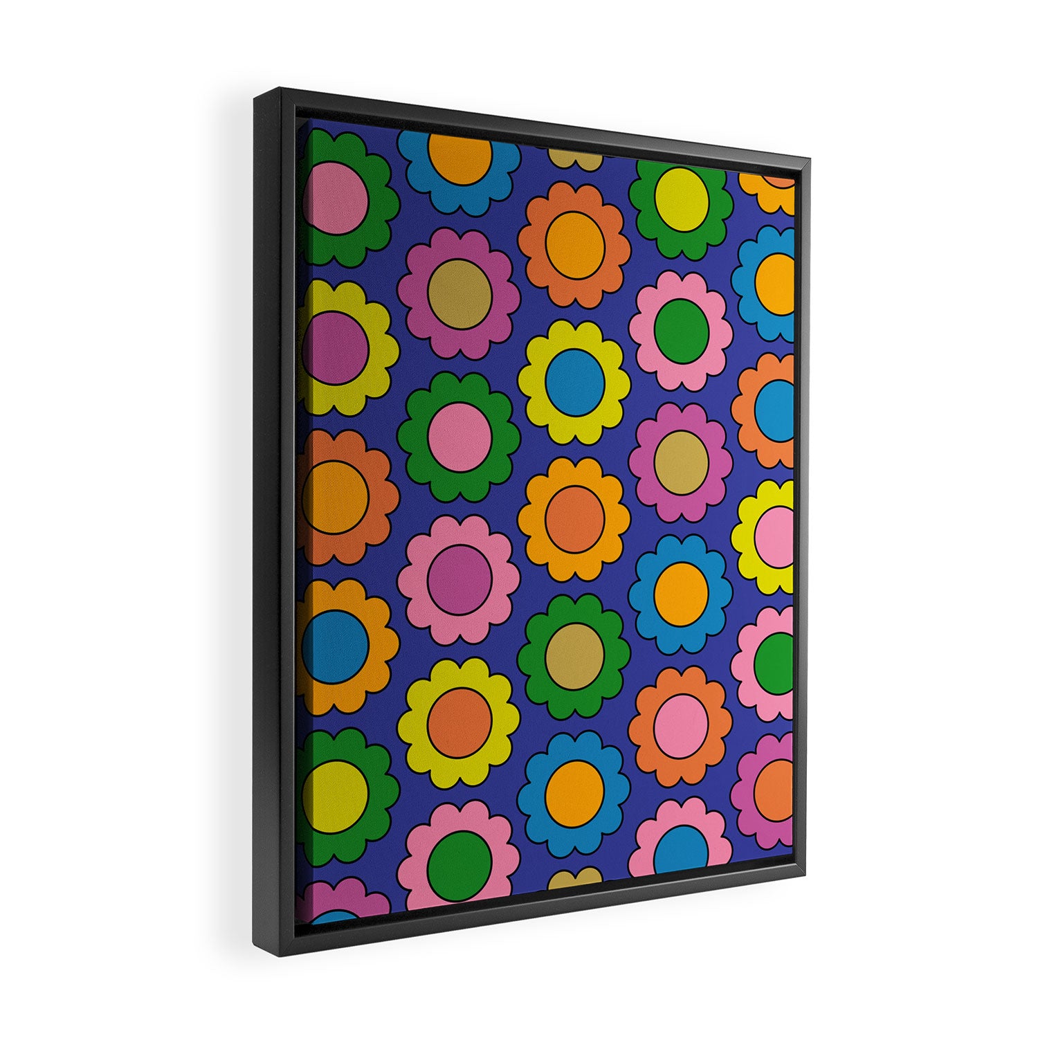 Colorful Happy Flowers Cheerful Retro Pattern on Blue Framed Canvas Print Gallery Image 2
