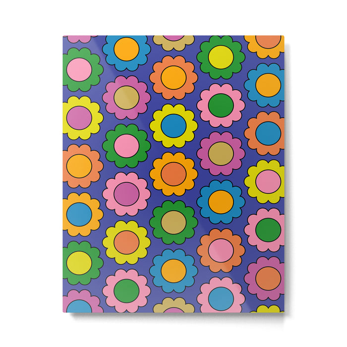 Colorful Happy Flowers Cheerful Retro Pattern on Blue Metal Print Gallery Image 1