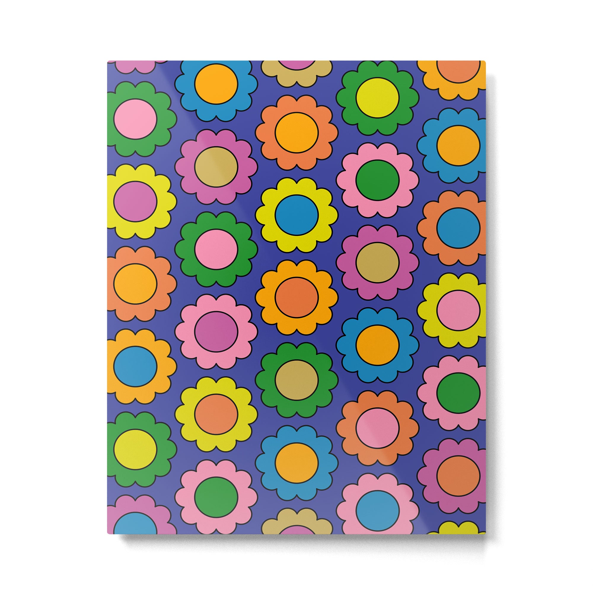 Colorful Happy Flowers Cheerful Retro Pattern on Blue Metal Print Gallery Image 6