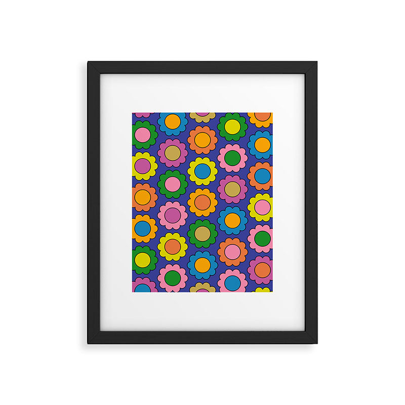 Colorful Happy Flowers Cheerful Retro Pattern on Blue Framed Art Print Gallery Image 6