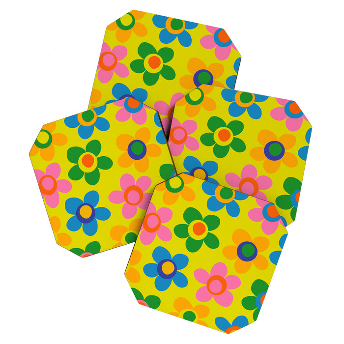 Colorful Maisie Flowers Cheerful Retro Contemporary Floral Pattern on Yellow Coaster Gallery Image 1