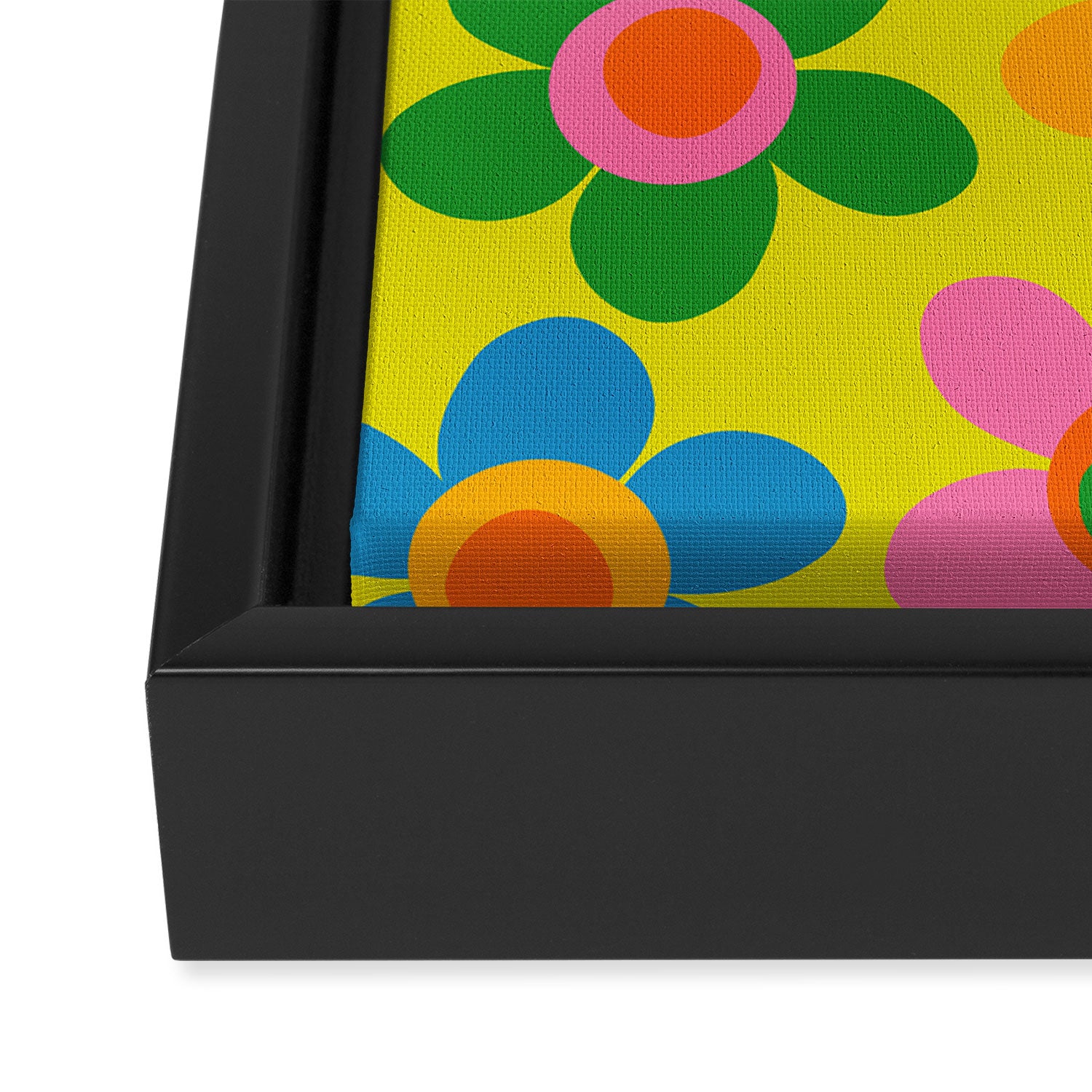 Colorful Maisie Flowers Cheerful Retro Contemporary Floral Pattern on Yellow Framed Canvas Print Gallery Image 3