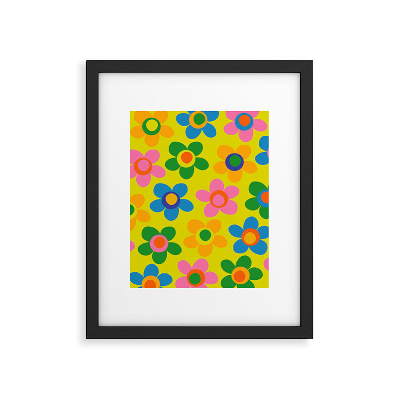 Colorful Maisie Flowers Cheerful Retro Contemporary Floral Pattern on Yellow Framed Art Print Gallery Image 5