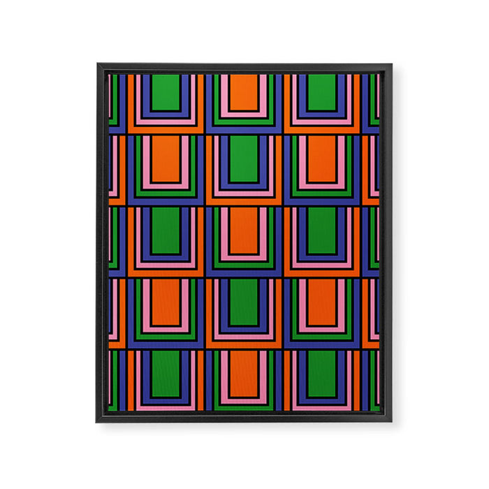 Colorful Retro Geometric Mod Portes Pattern Orange Pink Green Blue Framed Canvas Print Gallery Image 1