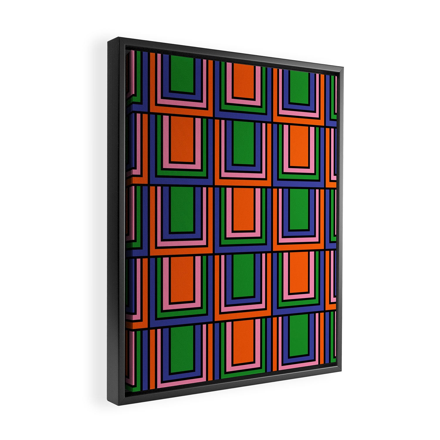 Colorful Retro Geometric Mod Portes Pattern Orange Pink Green Blue Framed Canvas Print Gallery Image 2