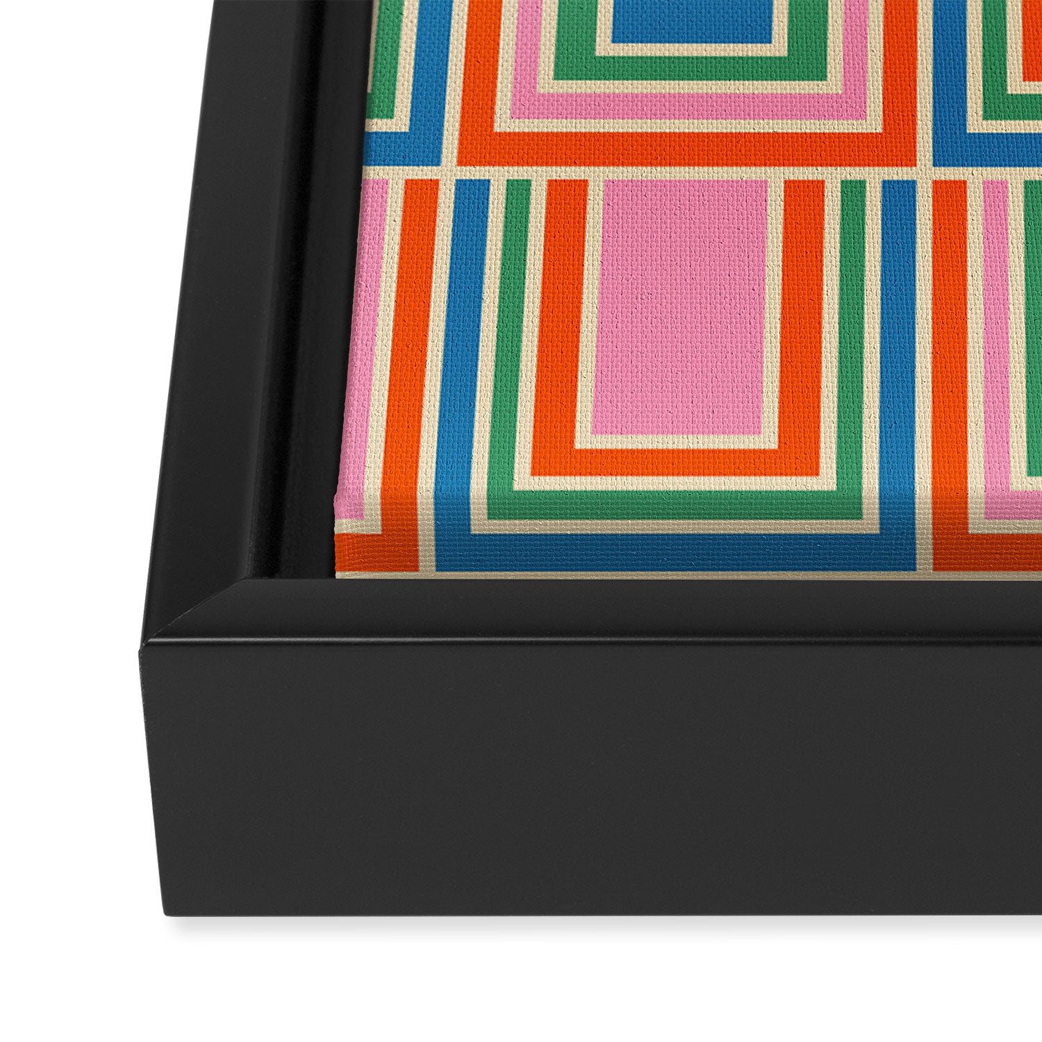 Colorful Retro Geometric Portes Pattern Blue Orange Pink Green Framed Canvas Print Gallery Image 3