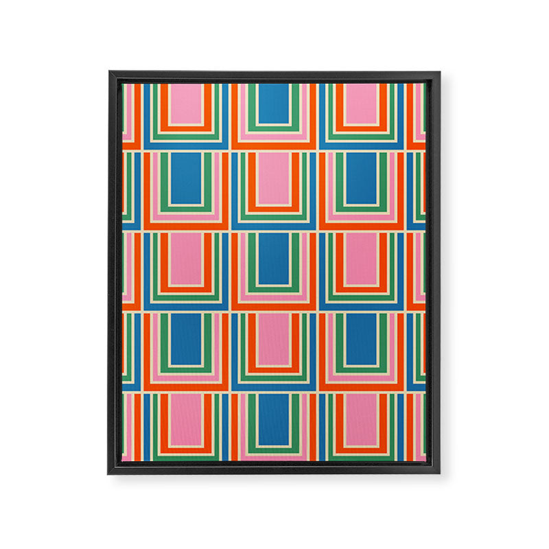Colorful Retro Geometric Portes Pattern Blue Orange Pink Green Framed Canvas Print Gallery Image 8
