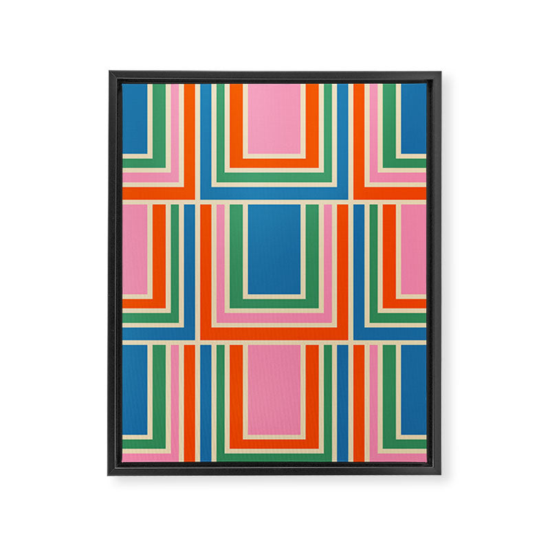 Colorful Retro Geometric Portes Pattern II Blue Orange Pink Green Framed Canvas Print Gallery Image 8