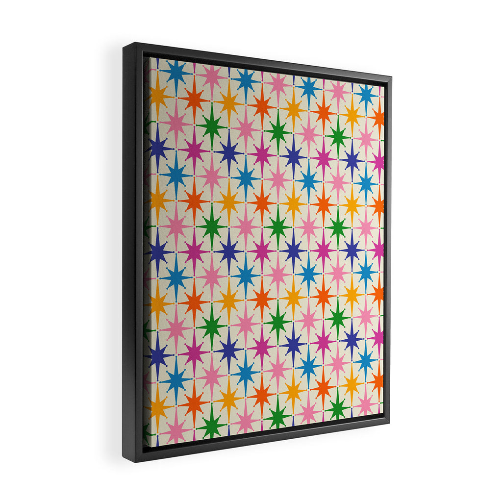 Colorful Retro Starbursts Mid Century Modern Atomic Star Pattern Framed Canvas Print Gallery Image 2