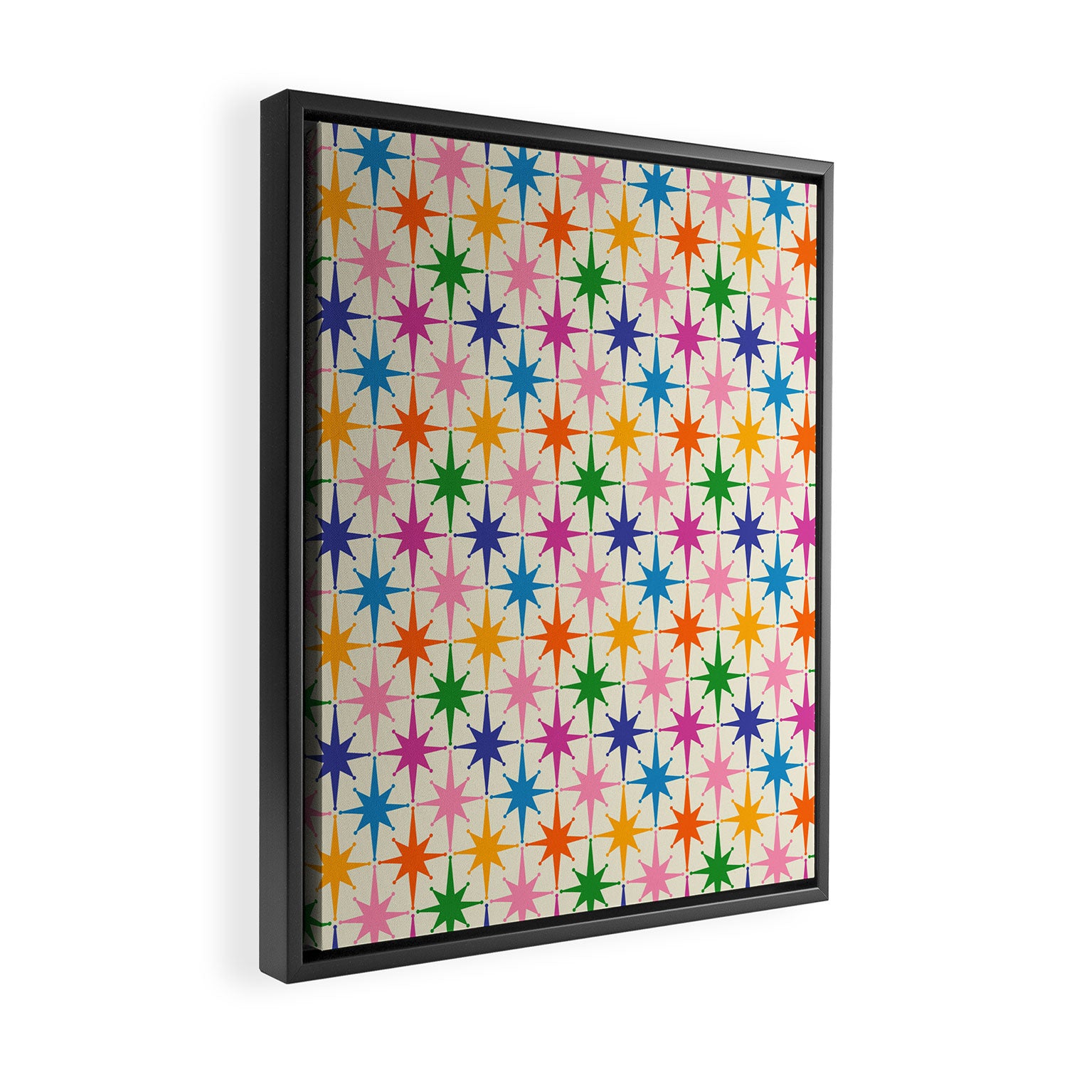 Colorful Retro Starbursts Mid Century Modern Atomic Star Pattern Framed Canvas Print Gallery Image 2