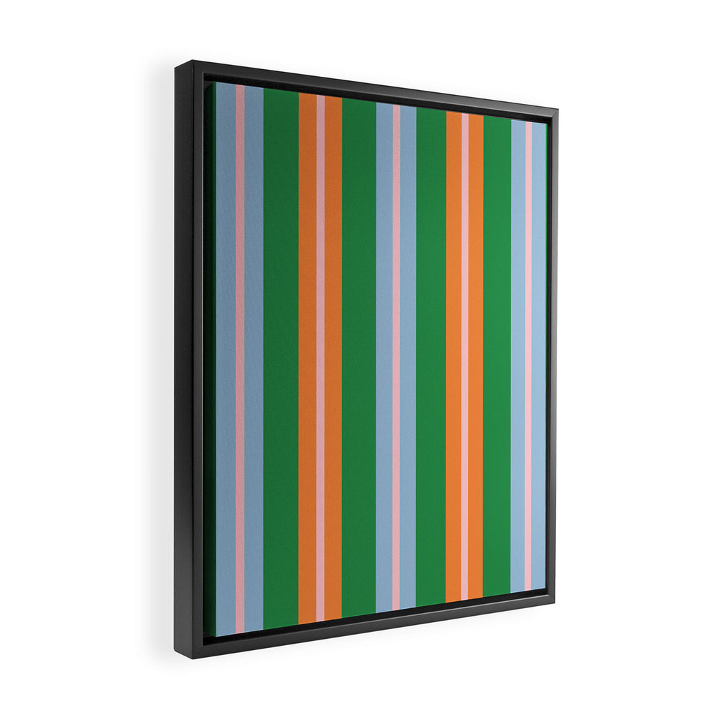 Colorful Stripes Bold Vertical Pattern in Green, Baby Blue, Orange, and Pink Framed Canvas Print Gallery Image 2