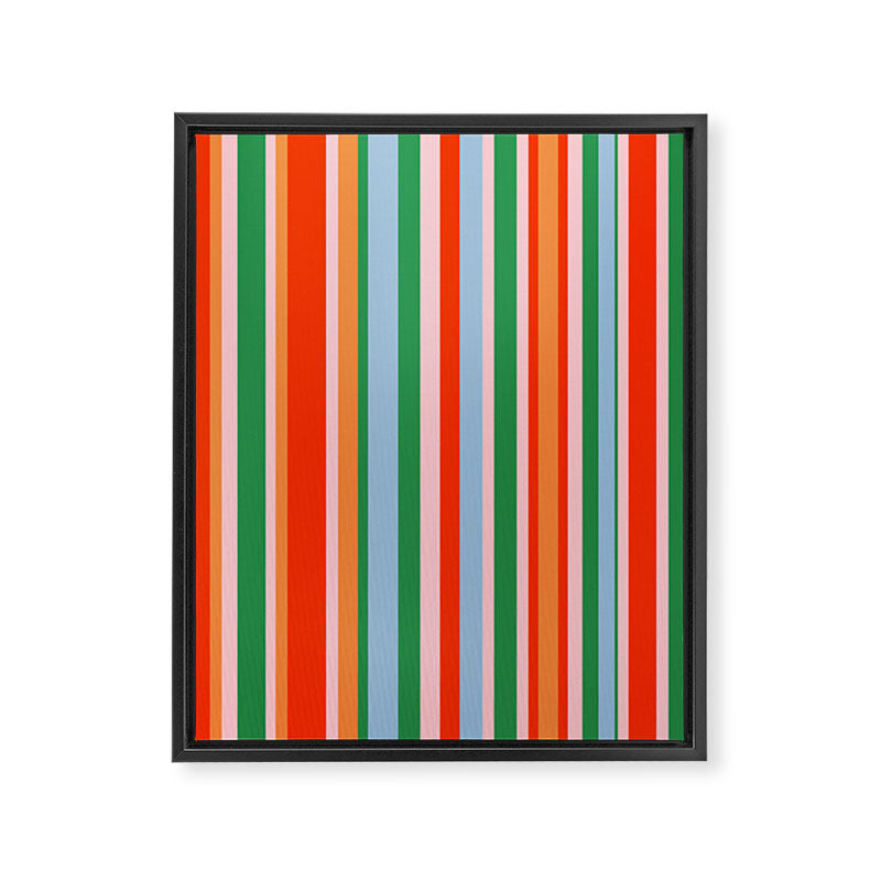 Colorful Vertical Stripe Pattern in Orange, Green, Pale Pink, and Baby Blue Framed Canvas Print Gallery Image 8