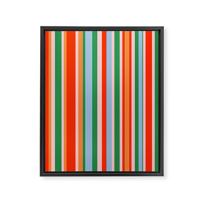 Colorful Vertical Stripe Pattern in Orange, Green, Pale Pink, and Baby Blue Framed Canvas Print Gallery Image 1