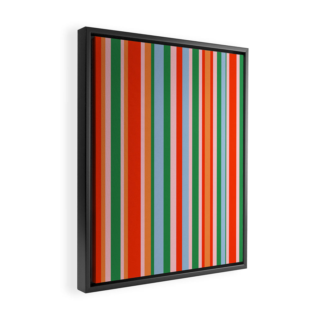 Colorful Vertical Stripe Pattern in Orange, Green, Pale Pink, and Baby Blue Framed Canvas Print Gallery Image 2
