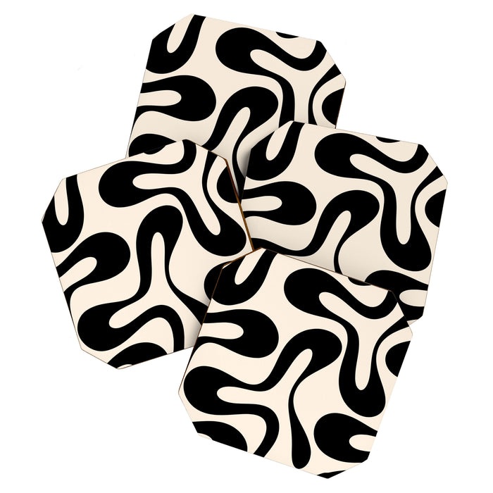 Contemporary Modern Abstract Soft Curves Pattern in Black and Almond Cream Coaster Gallery Image 1