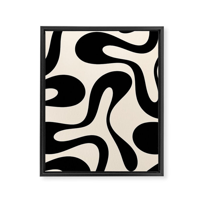 Contemporary Modern Abstract Soft Curves Pattern in Black and Almond Cream Framed Canvas Print Gallery Image 1