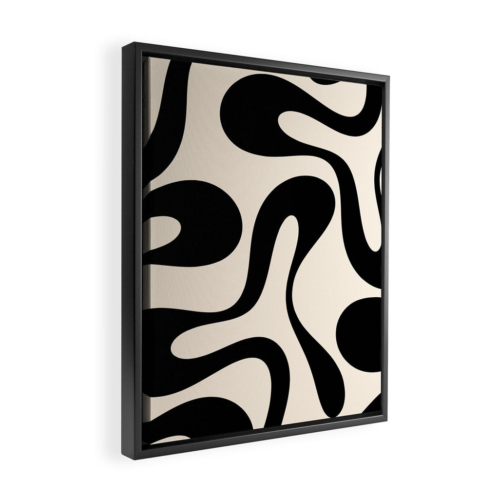Contemporary Modern Abstract Soft Curves Pattern in Black and Almond Cream Framed Canvas Print Gallery Image 2