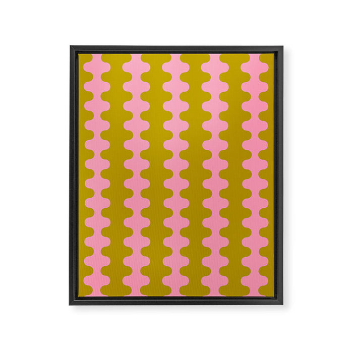 Contemporary Wavy Ogee A-Go-Go Vertical Stripes Chartreuse and Pink Pattern Framed Canvas Print Gallery Image 1