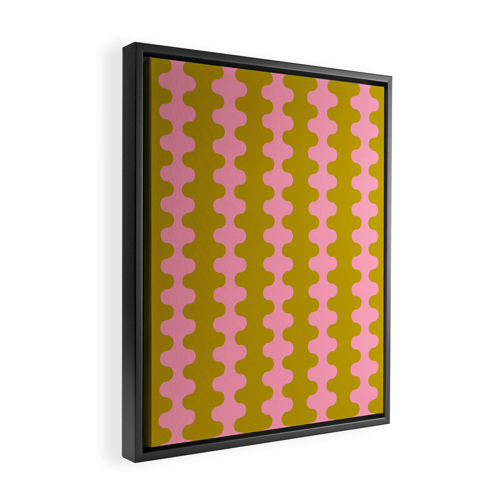 Contemporary Wavy Ogee A-Go-Go Vertical Stripes Chartreuse and Pink Pattern Framed Canvas Print Gallery Image 2