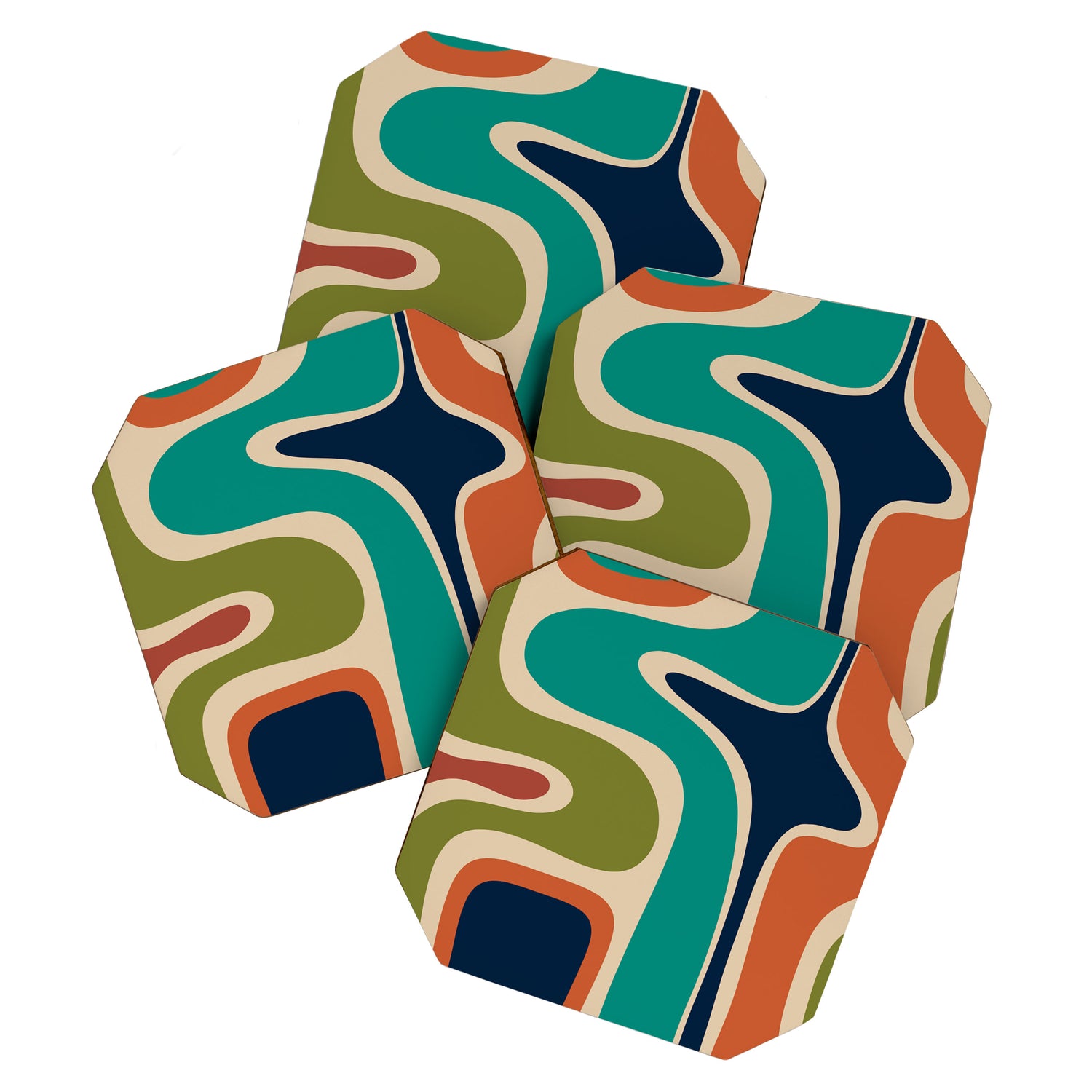 Copacetic Retro Abstract in Mid Mod Teal Blue Olive Green Orange Beige  Coaster Gallery Image 1