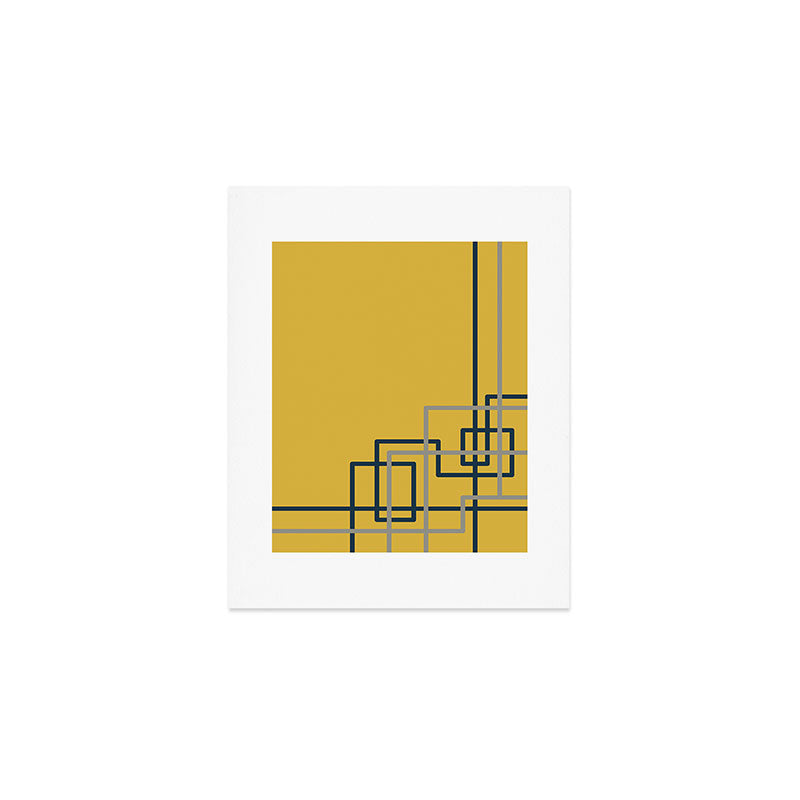 Corner Deco Minimalist Geometric Pattern in Navy Blue, Gray, and Light Mustard Art Print Gallery Image 1