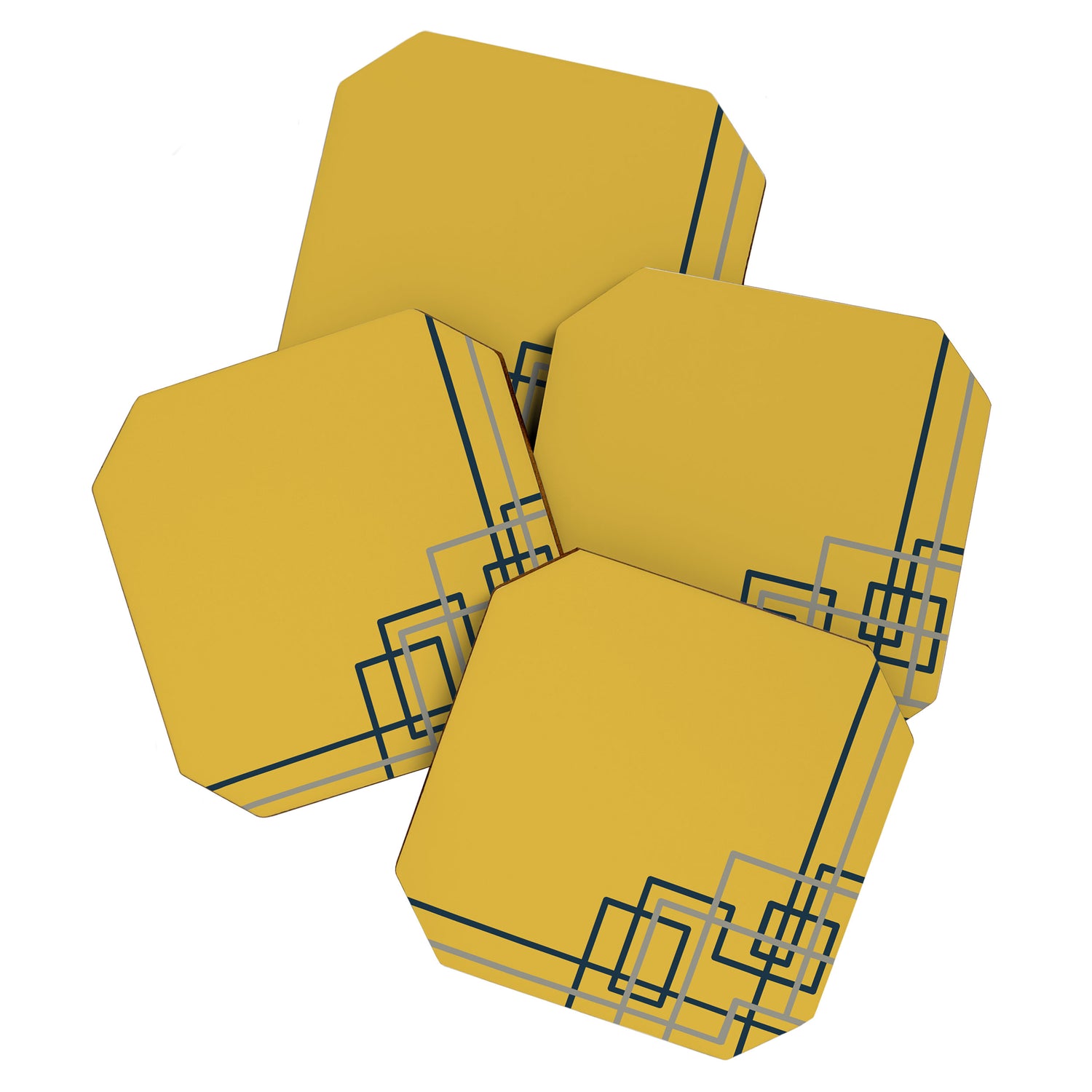 Corner Deco Minimalist Geometric Pattern in Navy Blue, Gray, and Light Mustard Coaster Gallery Image 1