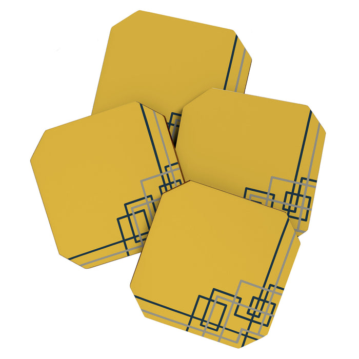 Corner Deco Minimalist Geometric Pattern in Navy Blue, Gray, and Light Mustard Coaster Gallery Image 1