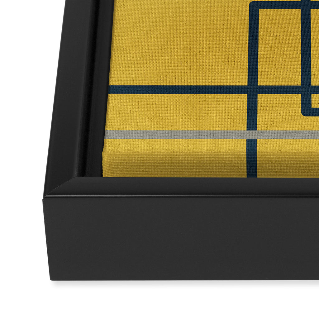Corner Deco Minimalist Geometric Pattern in Navy Blue, Gray, and Light Mustard Framed Canvas Print Gallery Image 3