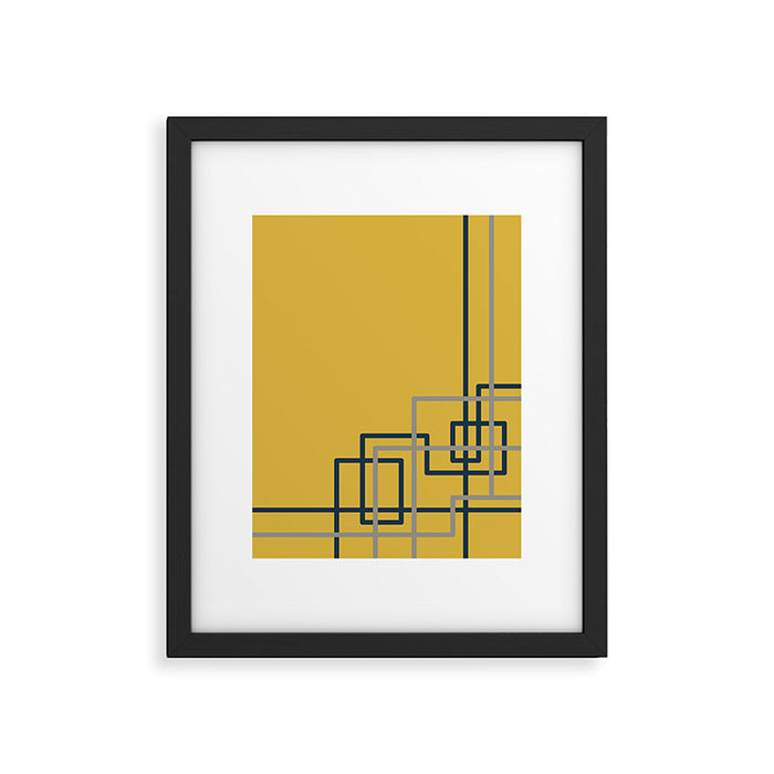 Corner Deco Minimalist Geometric Pattern in Navy Blue, Gray, and Light Mustard Framed Art Print Gallery Image 1