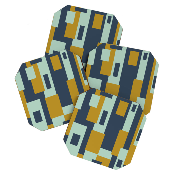 Cosmopolitan Mid Century Modern Geometric Pattern Mint Mustard Blue Coaster Gallery Image 1