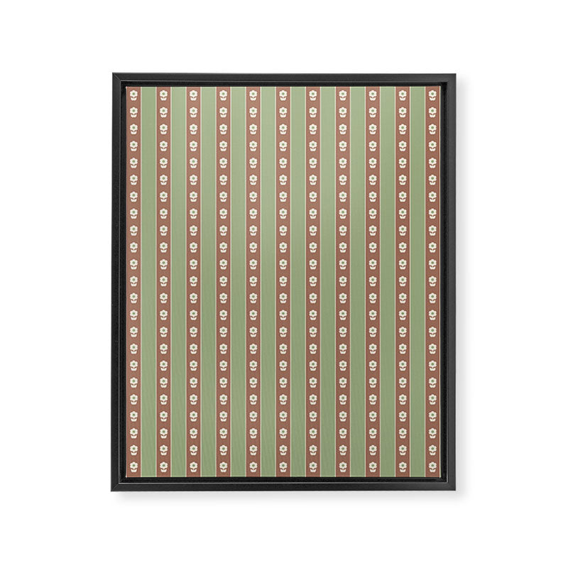 Cottage Stripes and Flowers Pattern in Earthy Sage Green and Mocha Brown Framed Canvas Print Gallery Image 6