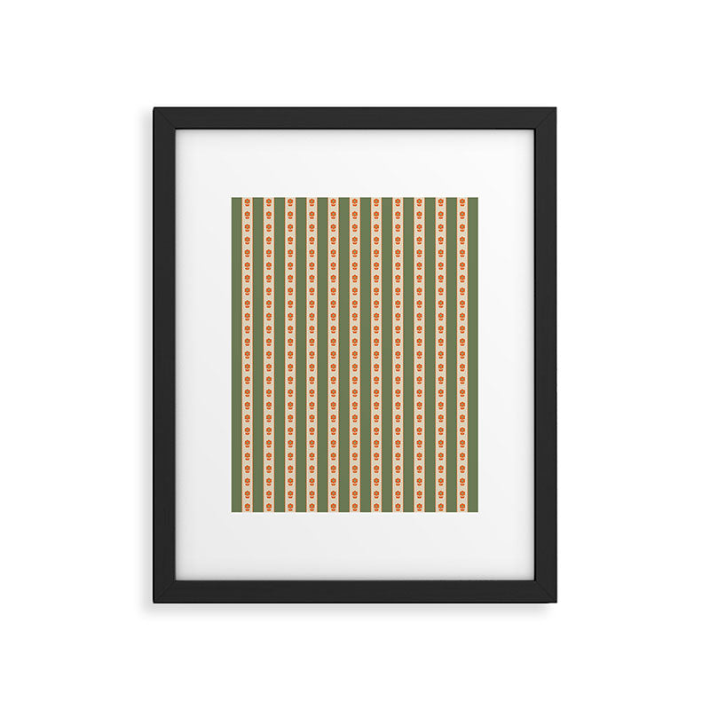 Cottage Stripes and Flowers Pattern in Olive Orange Beige Framed Art Print Gallery Image 5
