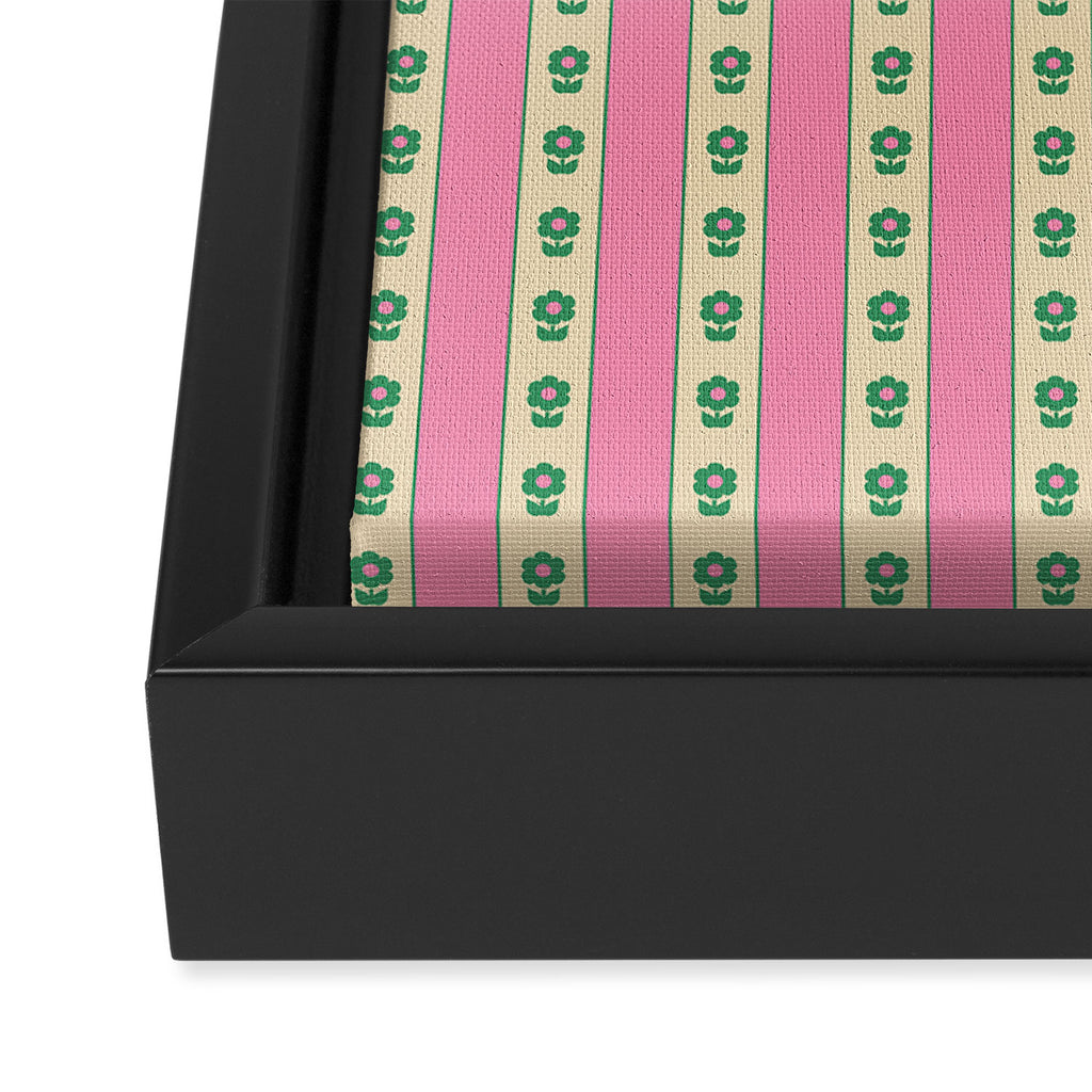 Cottage Stripes and Flowers Pattern in Pink and Green Framed Canvas Print Gallery Image 3