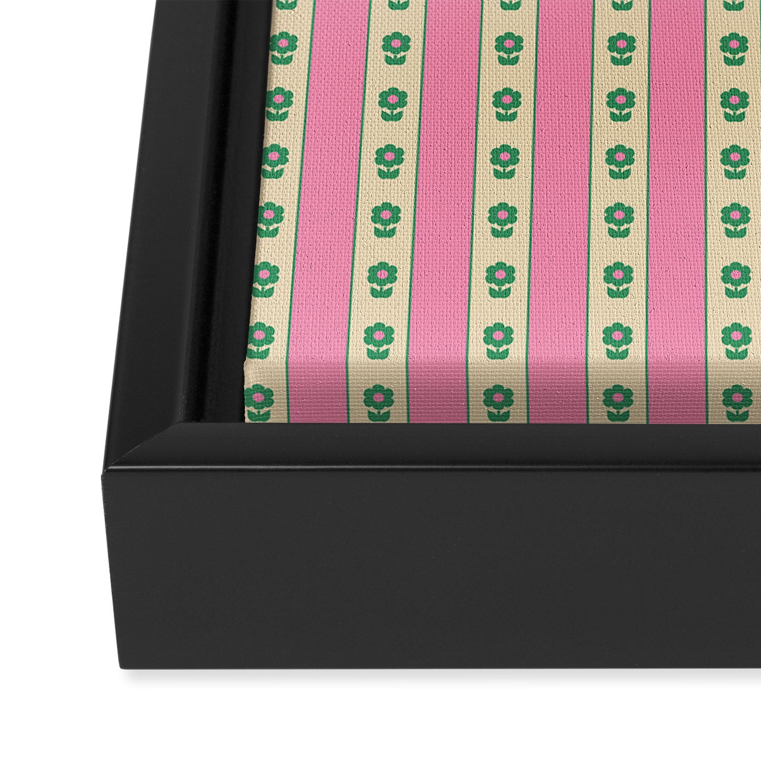 Cottage Stripes and Flowers Pattern in Pink and Green Framed Canvas Print Gallery Image 3