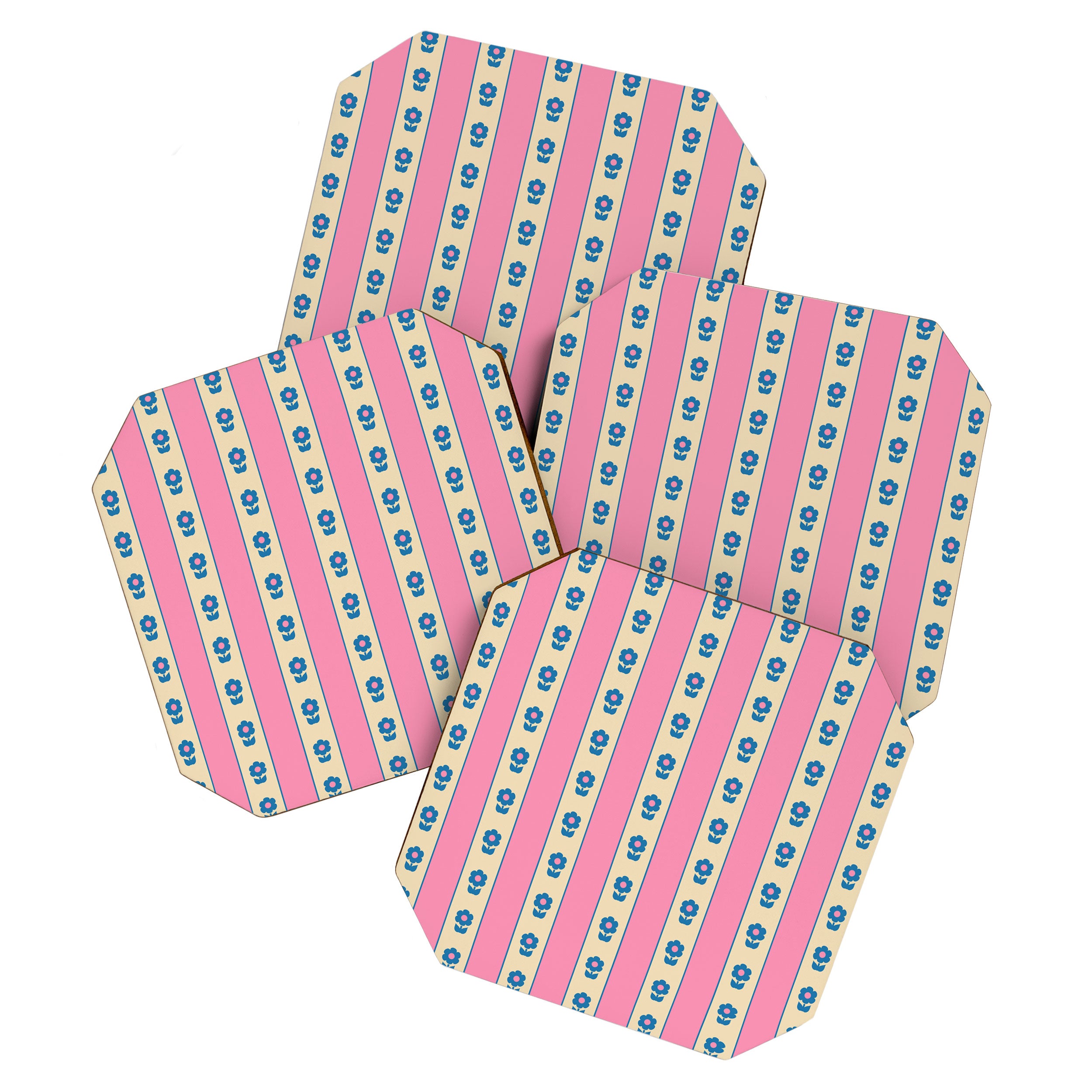 Cottage Stripes and Flowers Pattern in Pink, Blue, and Cream Beige Coaster Gallery Image 1