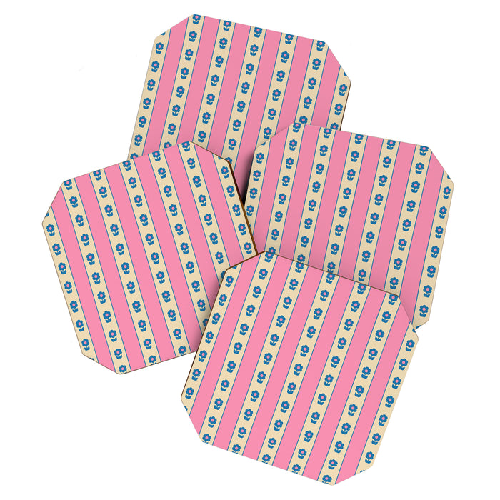 Cottage Stripes and Flowers Pattern in Pink, Blue, and Cream Beige Coaster Gallery Image 1