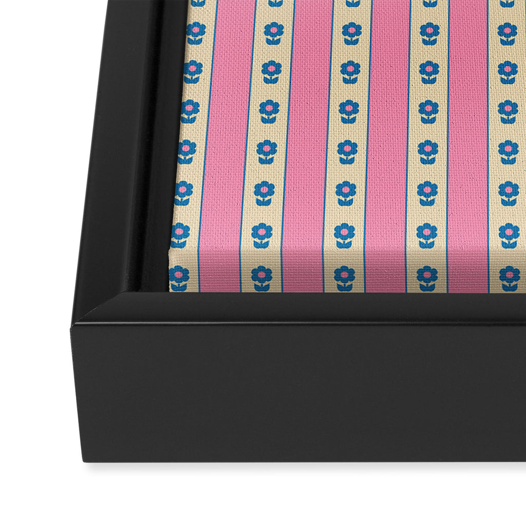 Cottage Stripes and Flowers Pattern in Pink, Blue, and Cream Beige Framed Canvas Print Gallery Image 3